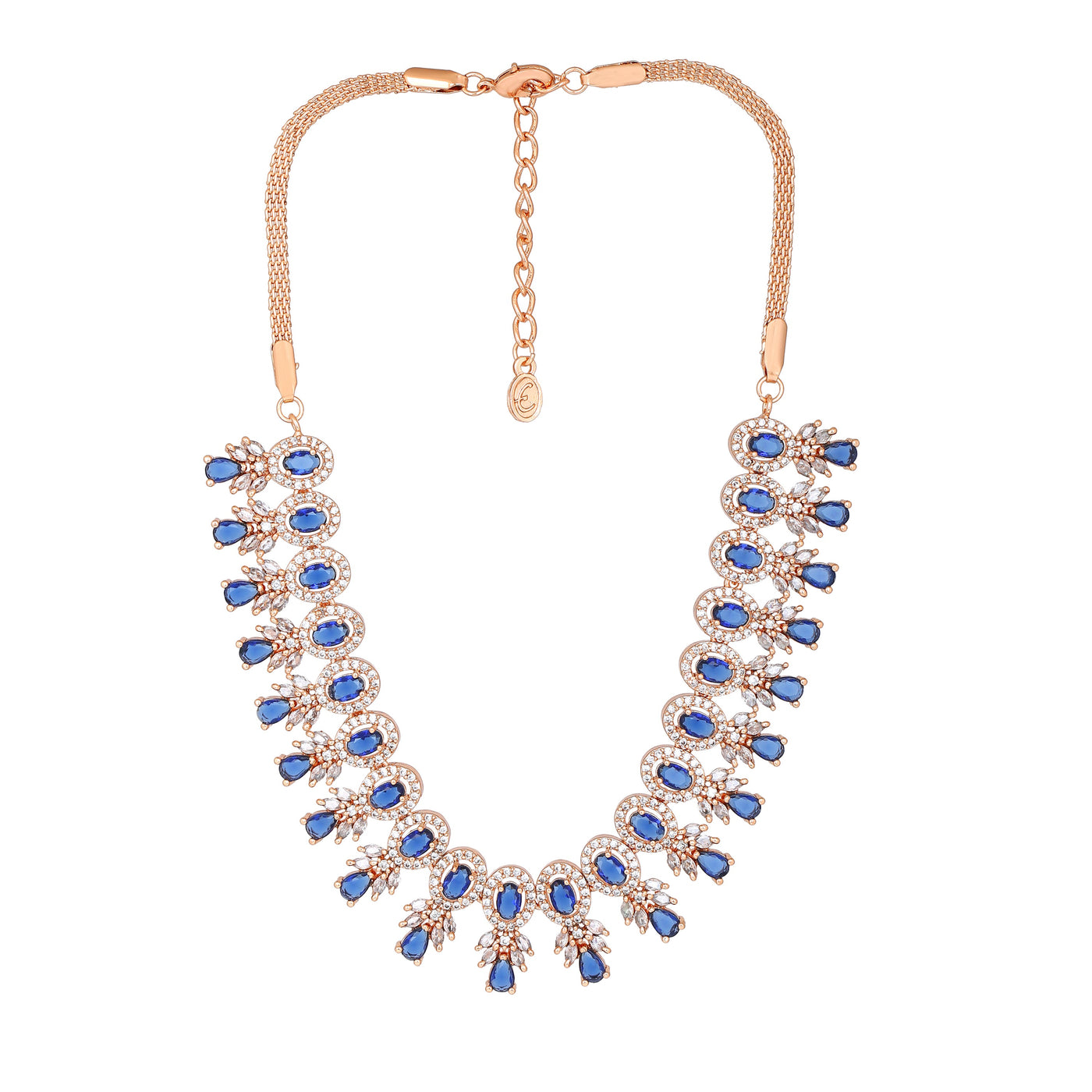 Estele Rose Gold Plated CZ Exquisite Necklace Set with Blue Crystals for Women