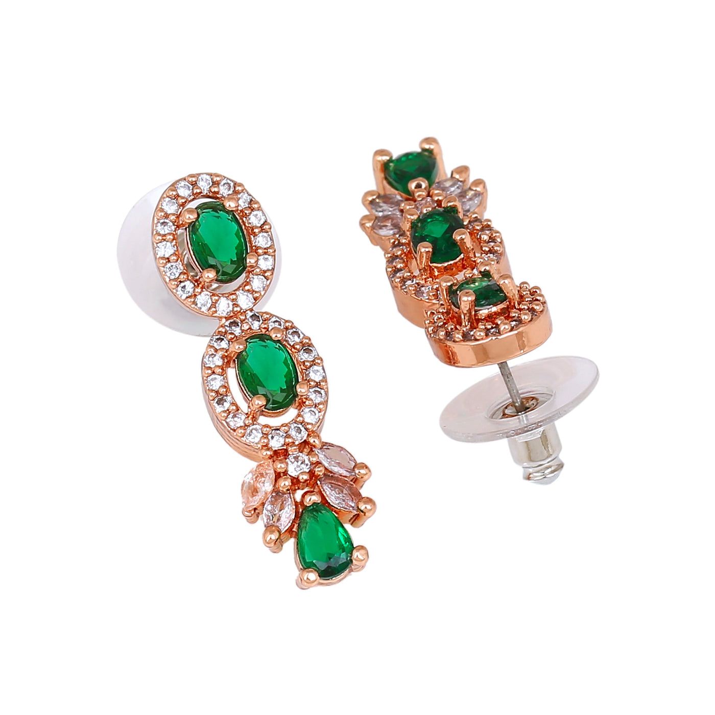 Estele Rose Gold Plated CZ Shimmering Drop Earrings with Green Stones for Women