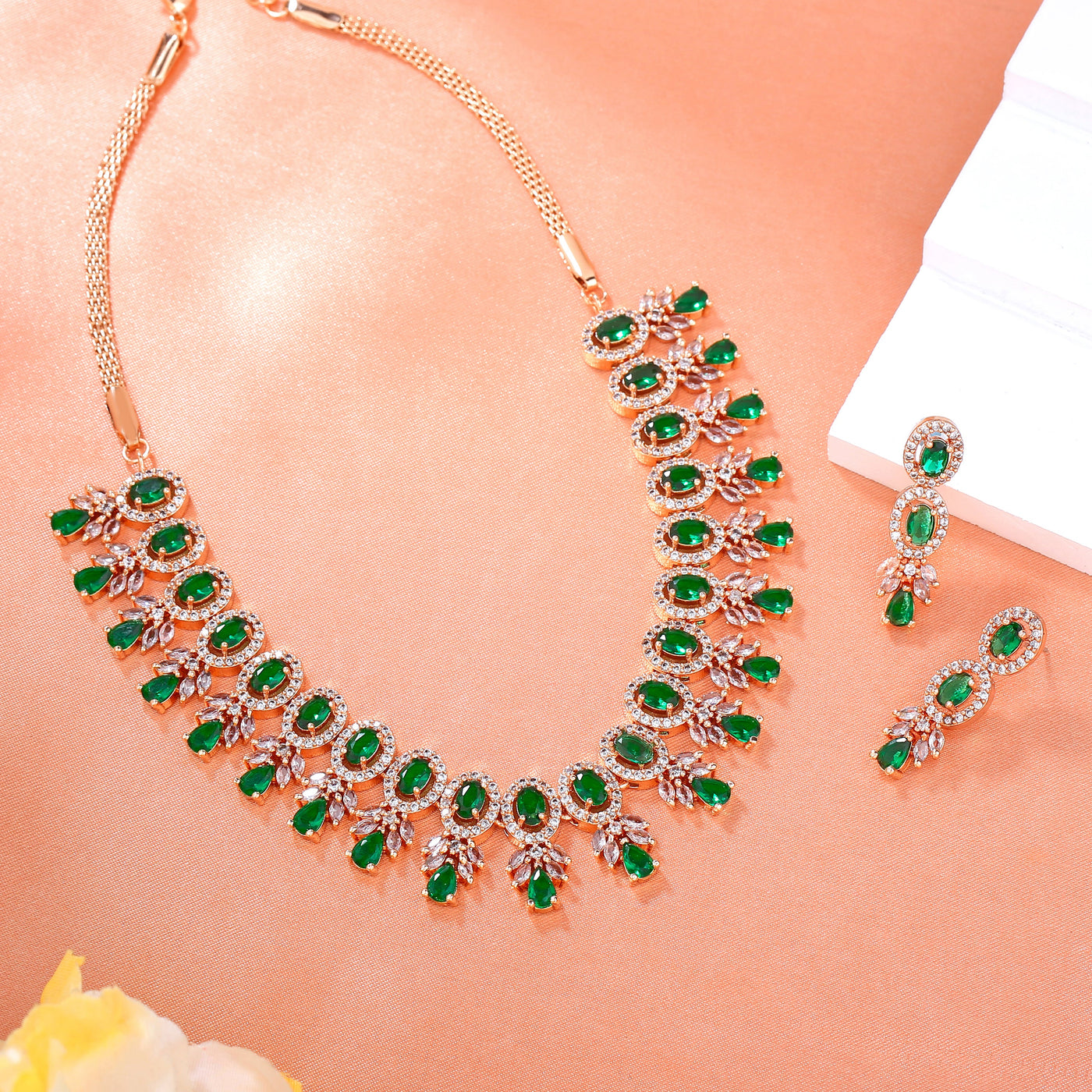 Estele Rose Gold Plated CZ Fascinating Necklace Set with Green Stones for Women