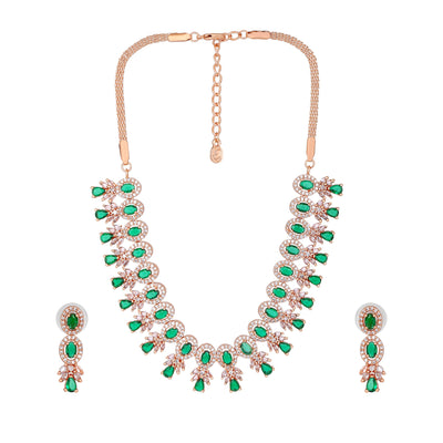 Estele Rose Gold Plated CZ Fascinating Necklace Set with Green Stones for Women