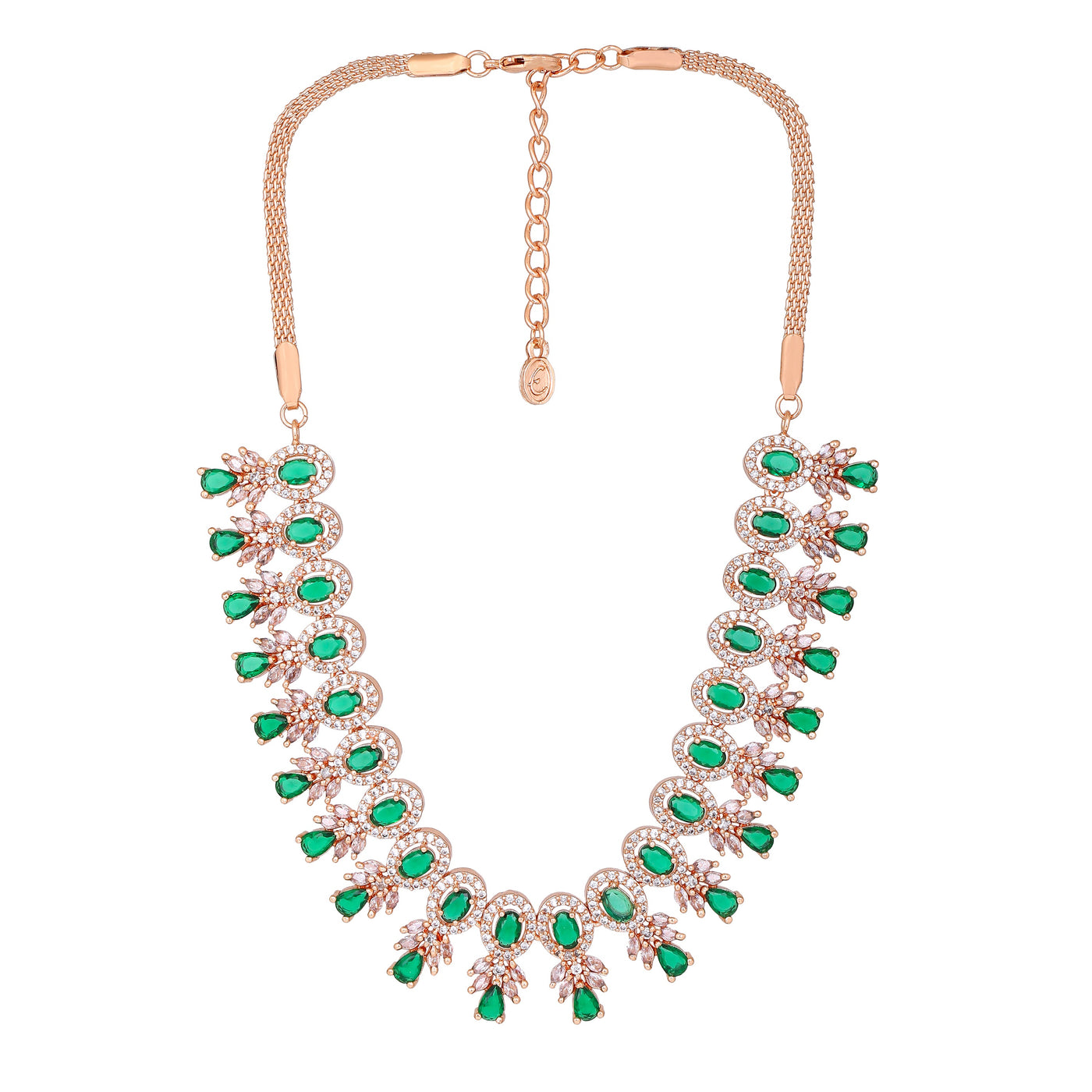 Estele Rose Gold Plated CZ Fascinating Necklace Set with Green Stones for Women