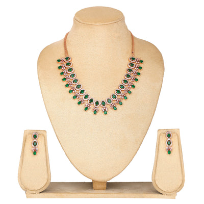 Estele Rose Gold Plated CZ Fascinating Necklace Set with Green Stones for Women