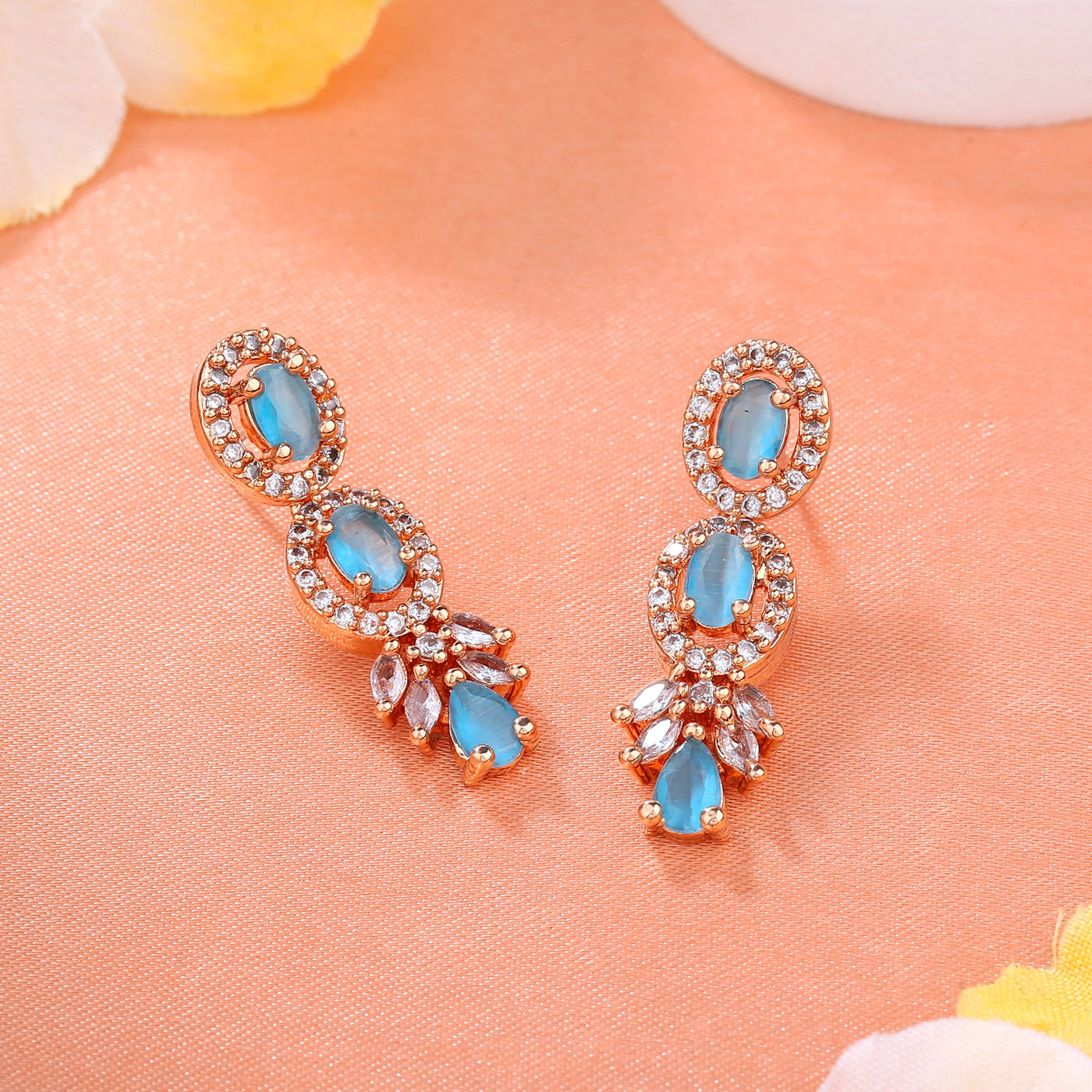 Estele Rose Gold Plated CZ Shimmering Drop Earrings with Mint Blue Stones for Women