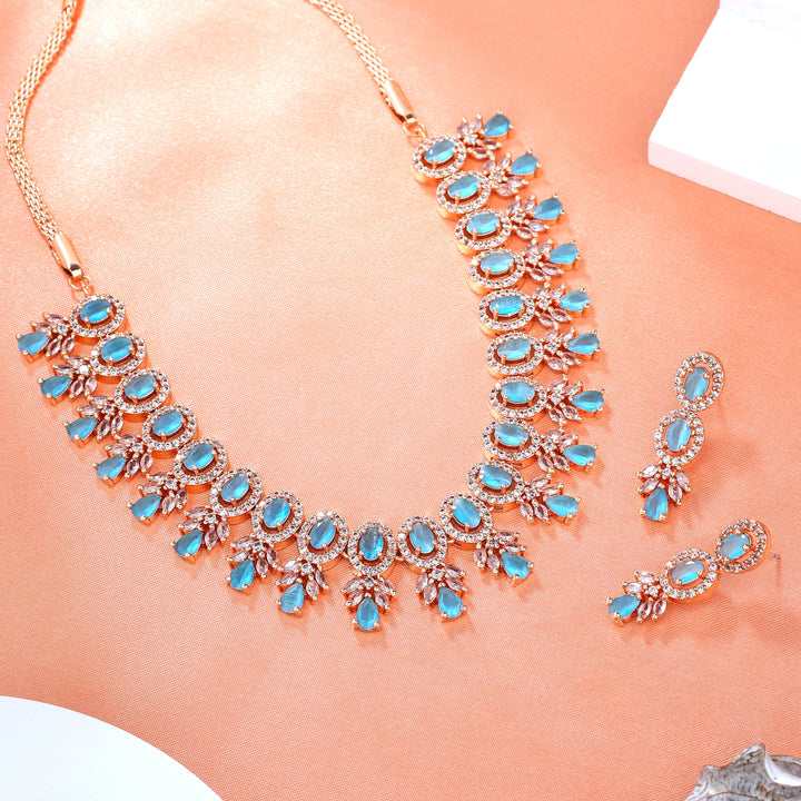 Estele Rose Gold Plated CZ Fascinating Necklace Set with Mint Blue Stones for Women