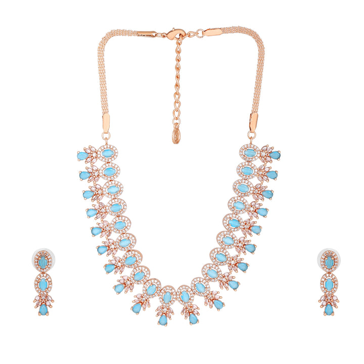 Estele Rose Gold Plated CZ Fascinating Necklace Set with Mint Blue Stones for Women