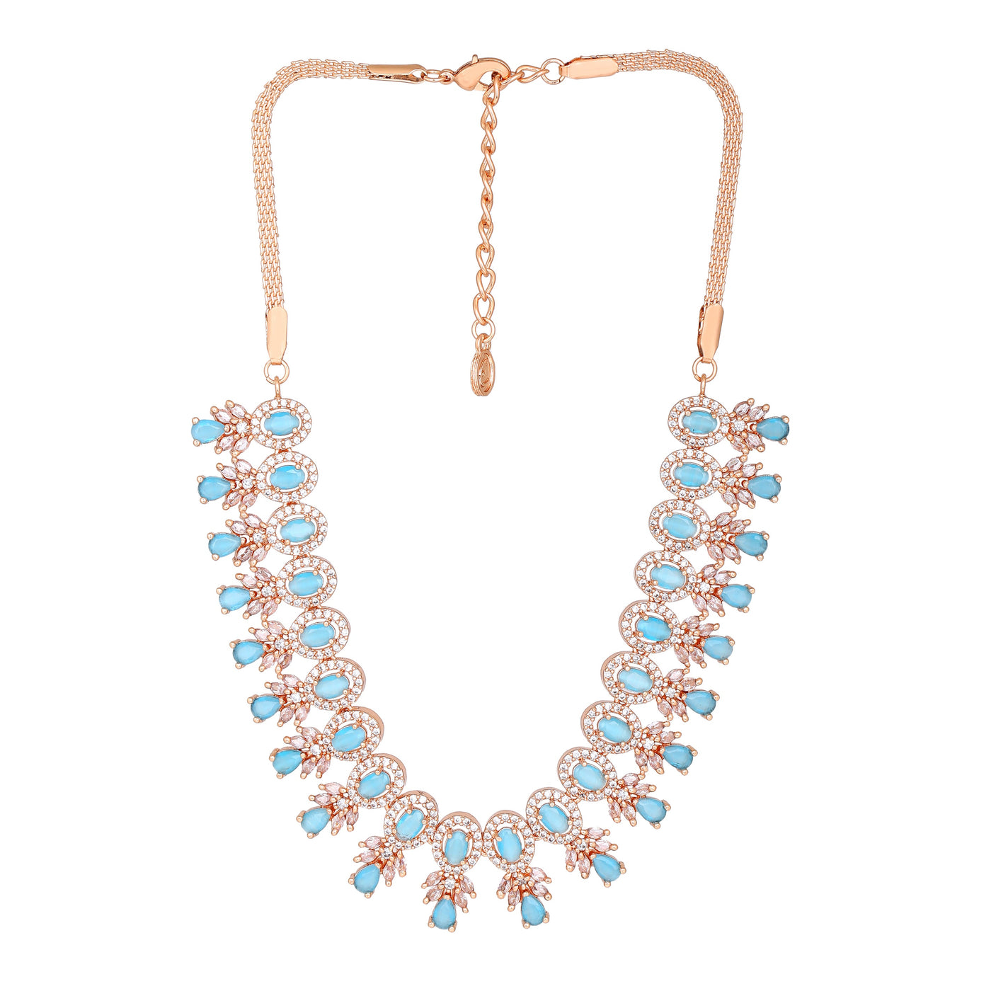Estele Rose Gold Plated CZ Fascinating Necklace Set with Mint Blue Stones for Women