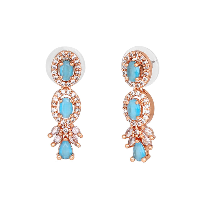 Estele Rose Gold Plated CZ Fascinating Necklace Set with Mint Blue Stones for Women