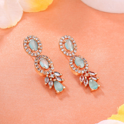 Estele Rose Gold Plated CZ Shimmering Drop Earrings with Mint Green Stones for Women