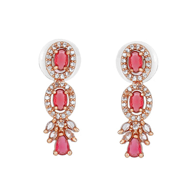 Estele Rose Gold Plated CZ Shimmering Drop Earrings with Tourmaline Pink Stones for Women