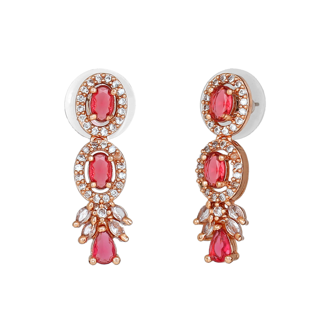Estele Rose Gold Plated CZ Shimmering Drop Earrings with Tourmaline Pink Stones for Women