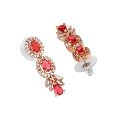 Estele Rose Gold Plated CZ Shimmering Drop Earrings with Tourmaline Pink Stones for Women