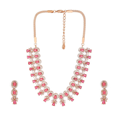 Estele Rose Gold Plated CZ Fascinating Necklace Set with Tourmaline Pink Crystals for Women