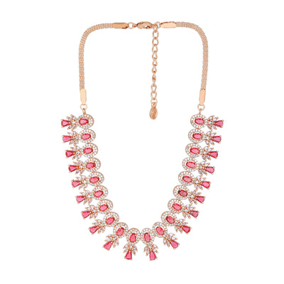 Estele Rose Gold Plated CZ Fascinating Necklace Set with Tourmaline Pink Crystals for Women
