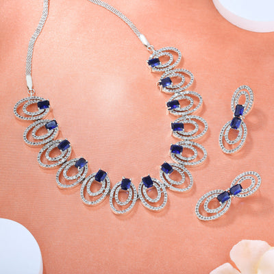 Estele Rhodium Plated CZ Attractive Necklace Set with Blue Stones for Women