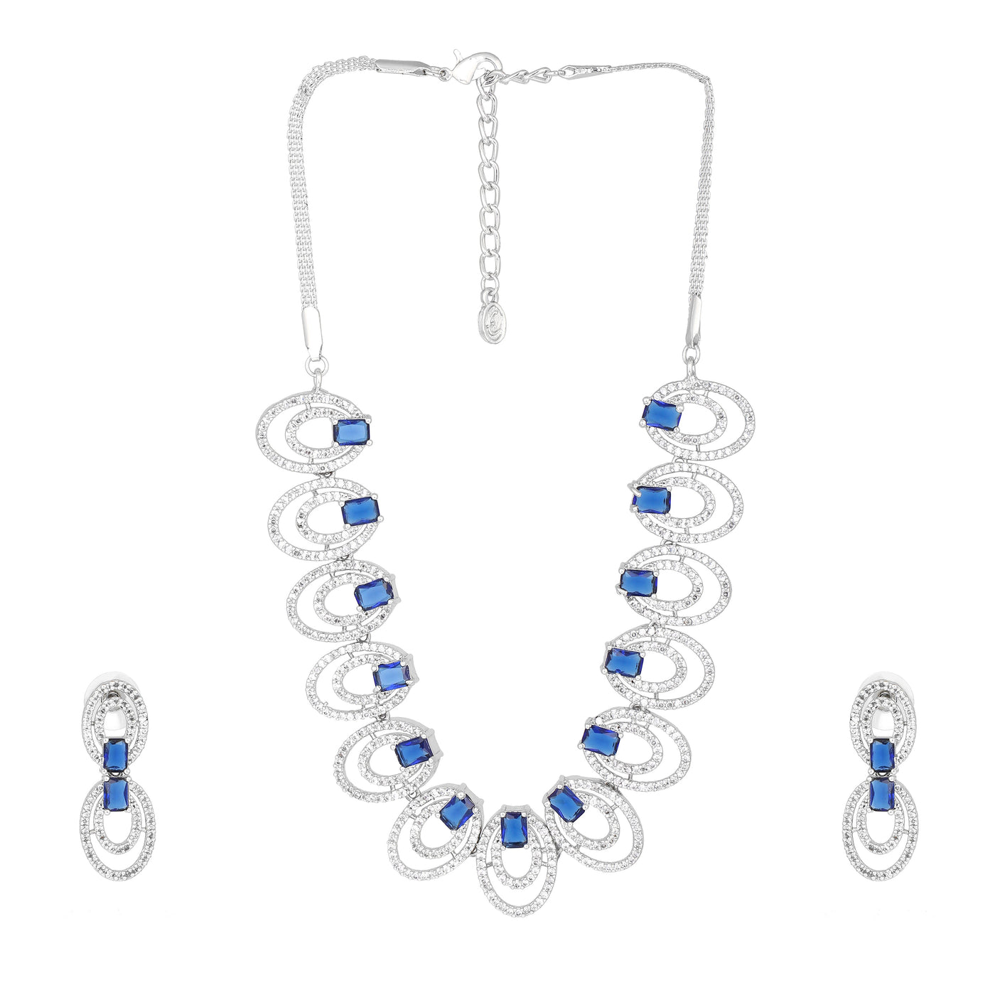 Estele Rhodium Plated CZ Attractive Necklace Set with Blue Stones for Women