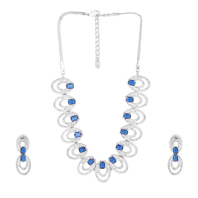 Estele Rhodium Plated CZ Attractive Necklace Set with Blue Stones for Women