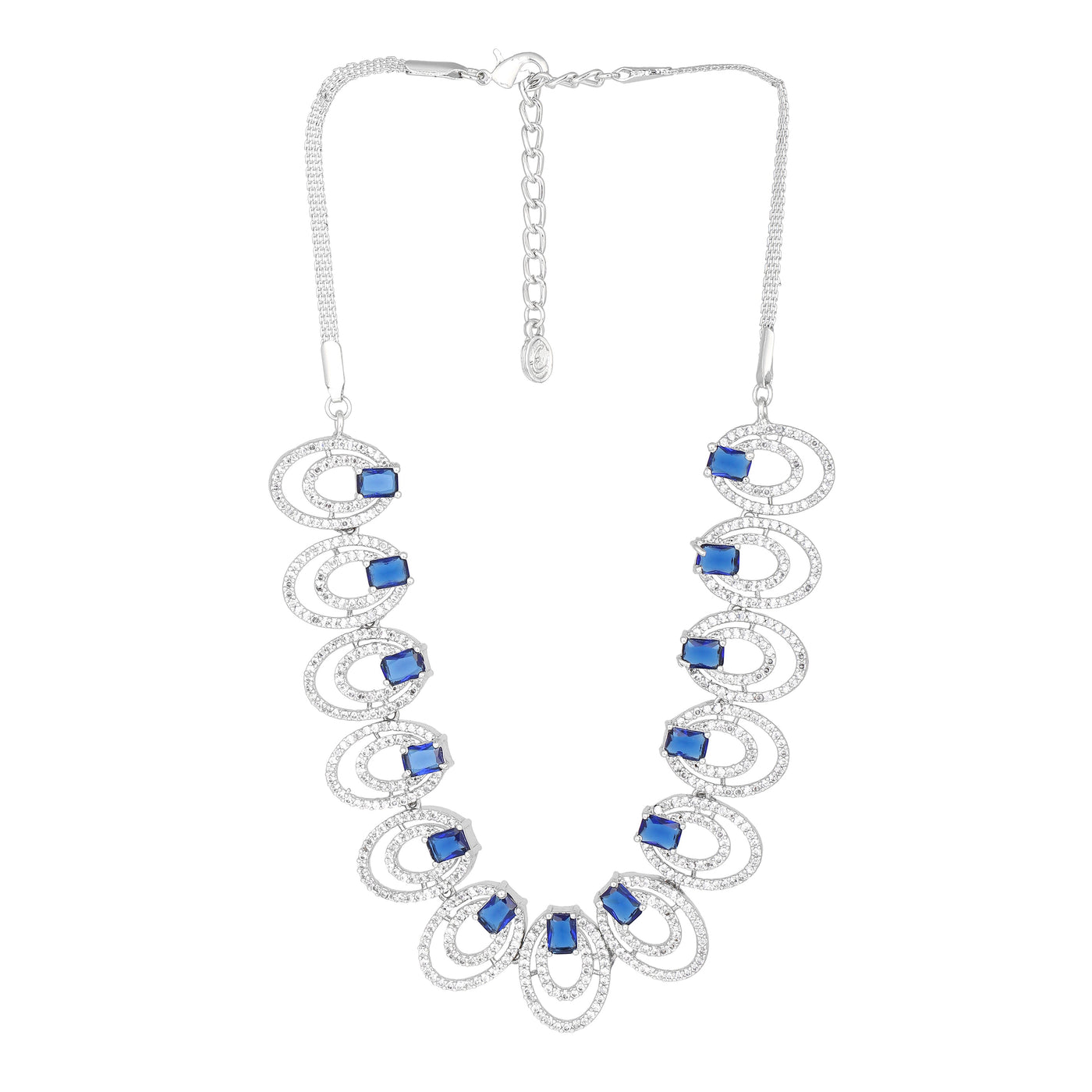 Estele Rhodium Plated CZ Attractive Necklace Set with Blue Stones for Women