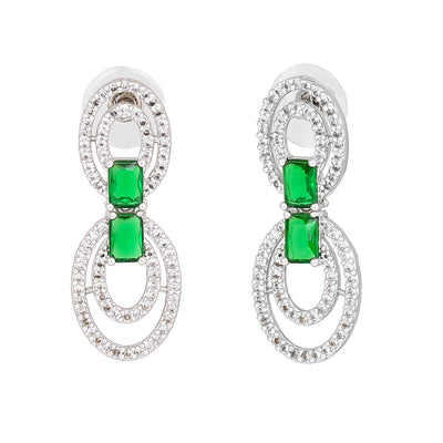 Estele Rhodium Plated CZ Circular Designer Drop Earrings with Green Stones for Women