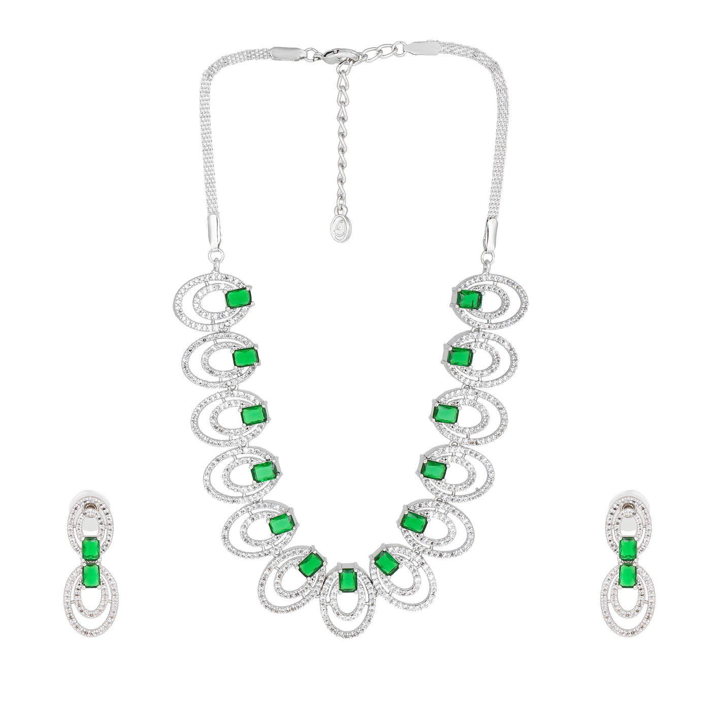 Estele Rhodium Plated CZ Circular Designer Necklace Set with Green Crystals for Women