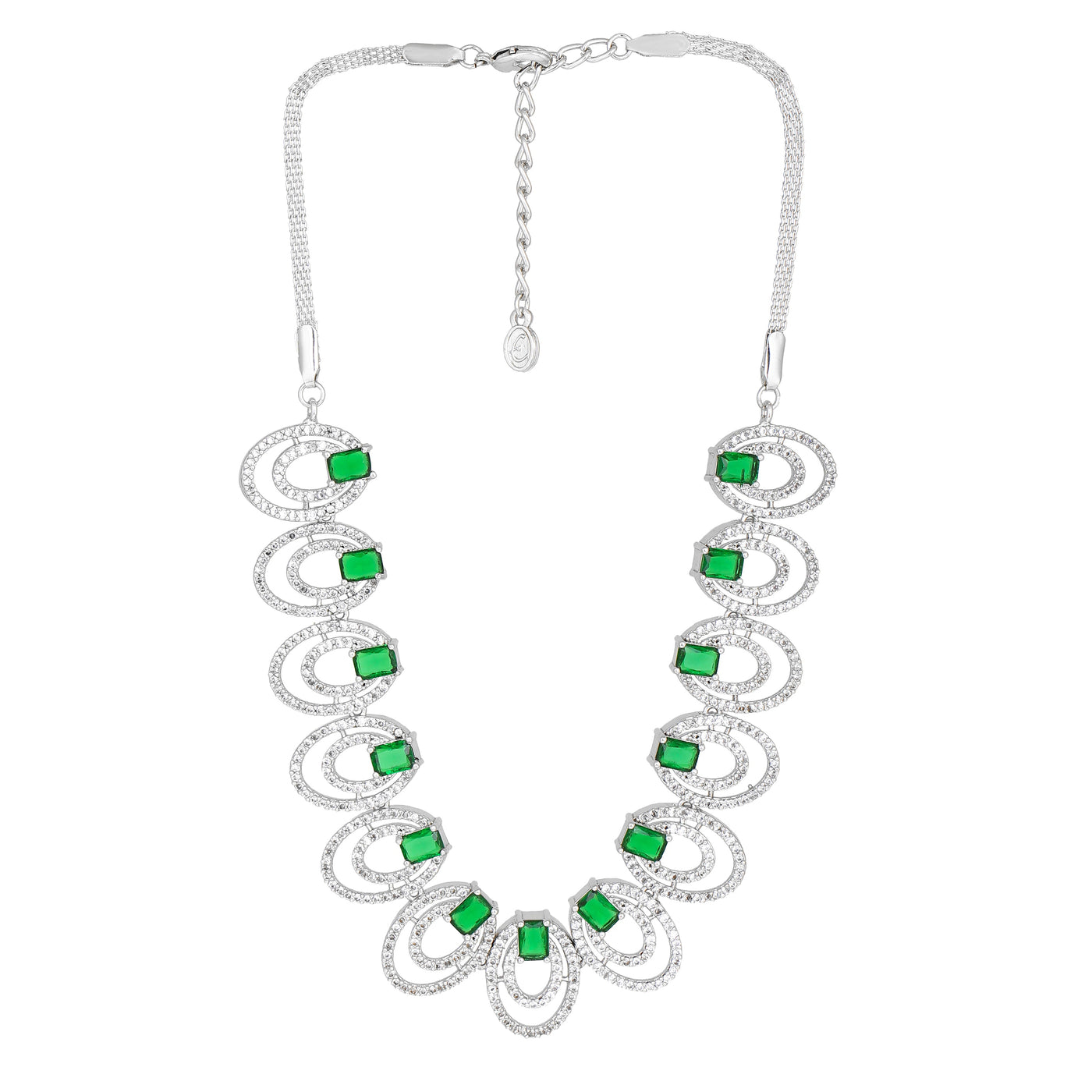 Estele Rhodium Plated CZ Circular Designer Necklace Set with Green Crystals for Women