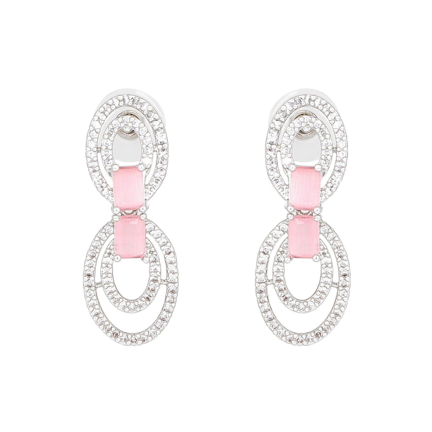 Estele Rhodium Plated CZ Circular Designer Drop Earrings with Mint Pink Stones for Women