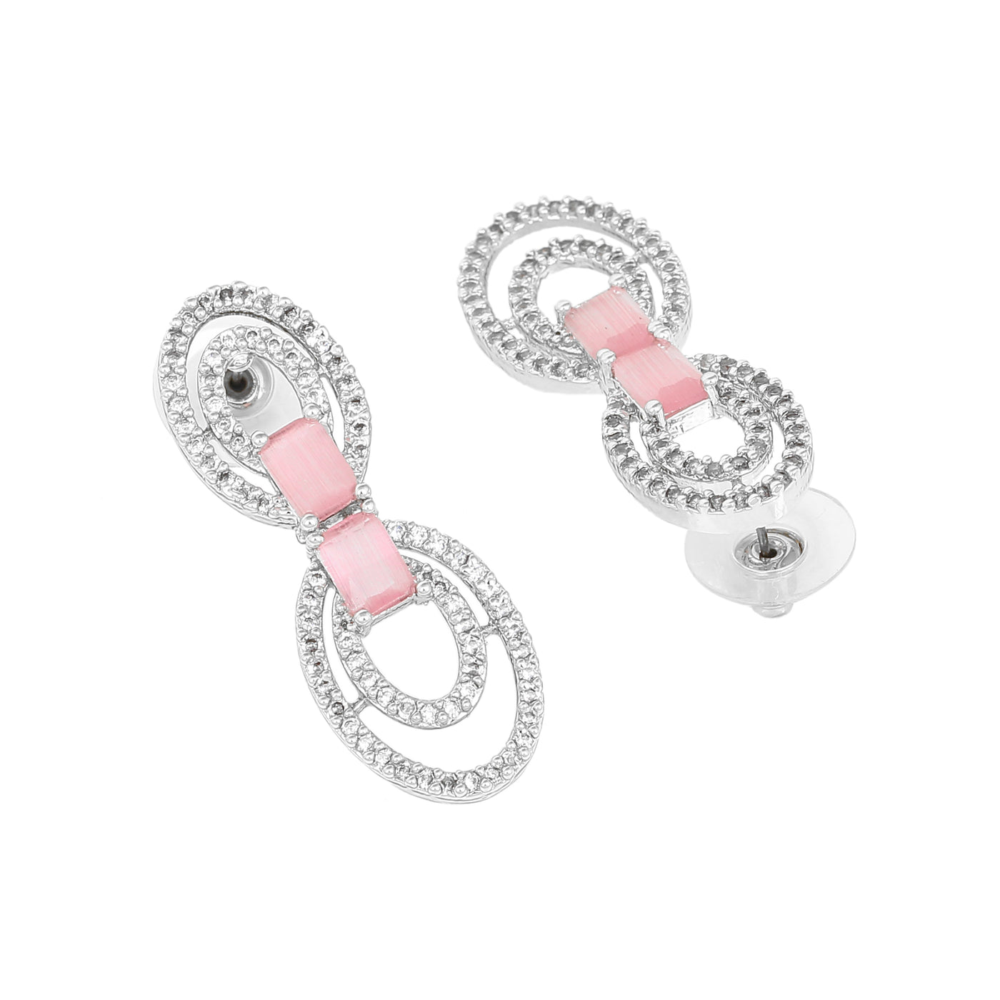 Estele Rhodium Plated CZ Circular Designer Drop Earrings with Mint Pink Stones for Women