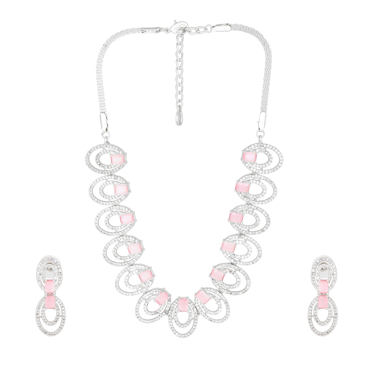 Estele Rhodium Plated CZ Circular Designer Necklace Set with Mint Pink Crystals for Women