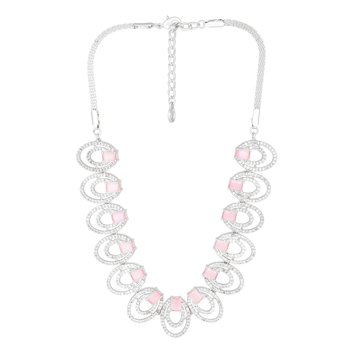 Estele Rhodium Plated CZ Circular Designer Necklace Set with Mint Pink Crystals for Women
