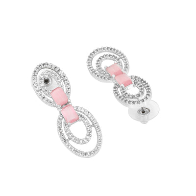 Estele Rhodium Plated CZ Circular Designer Necklace Set with Mint Pink Crystals for Women