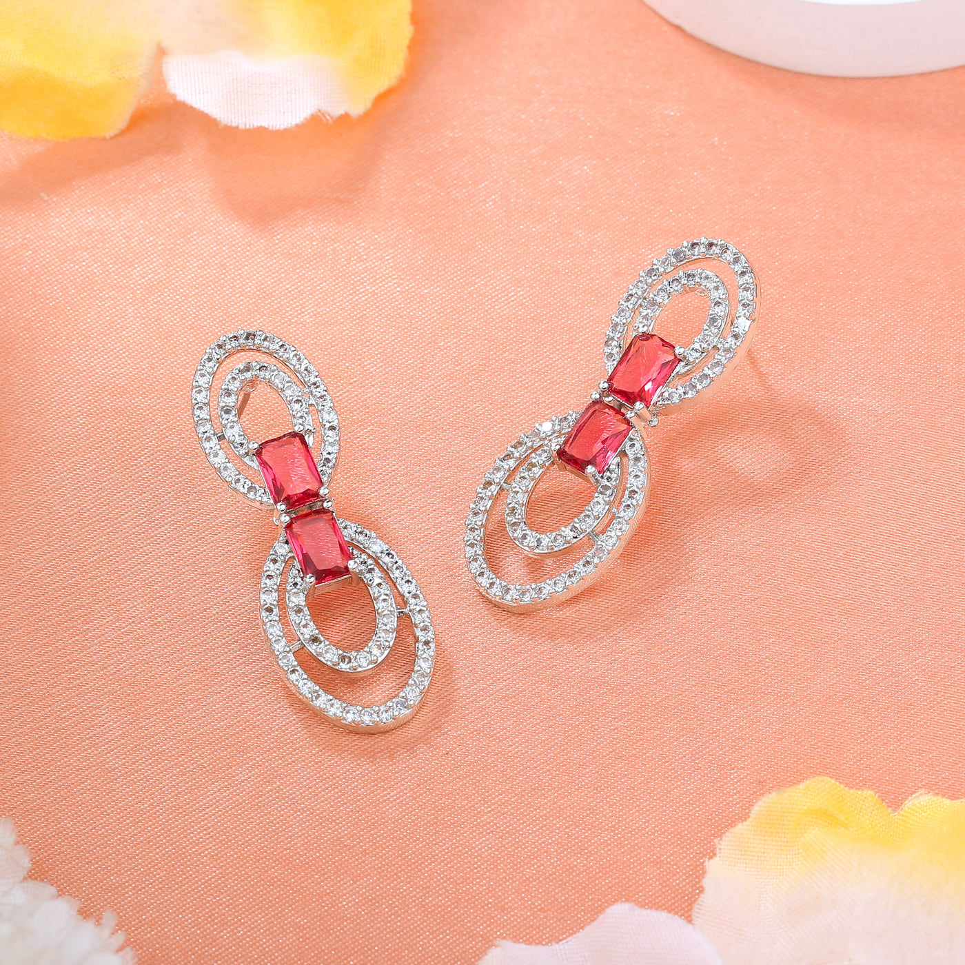 Estele Rhodium Plated CZ Circular Designer Drop Earrings with Tourmaline Pink Stones for Women