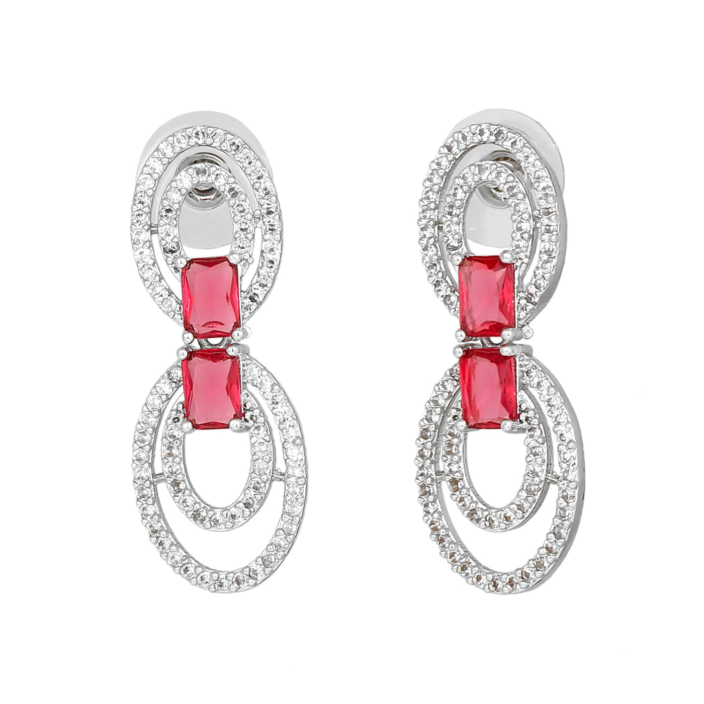 Estele Rhodium Plated CZ Circular Designer Drop Earrings with Tourmaline Pink Stones for Women