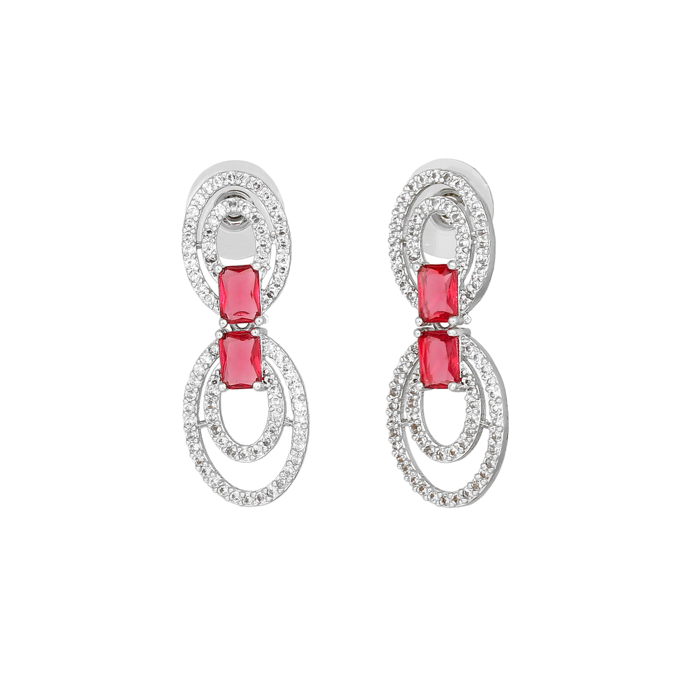 Estele Rhodium Plated CZ Circular Designer Necklace Set with Tourmaline Pink Crystals for Women