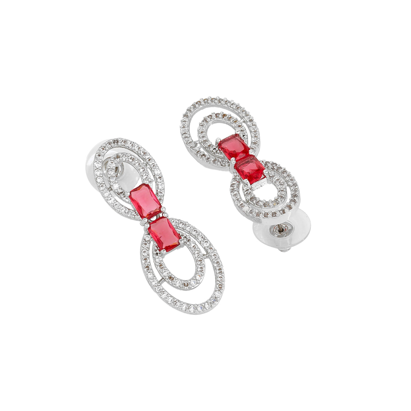 Estele Rhodium Plated CZ Circular Designer Necklace Set with Tourmaline Pink Crystals for Women
