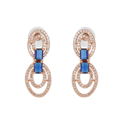 Estele Rose Gold Plated CZ Circular Designer Drop Earrings with Blue Stones for Women