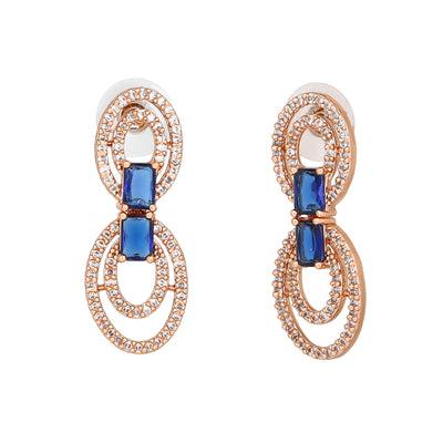 Estele Rose Gold Plated CZ Circular Designer Drop Earrings with Blue Stones for Women