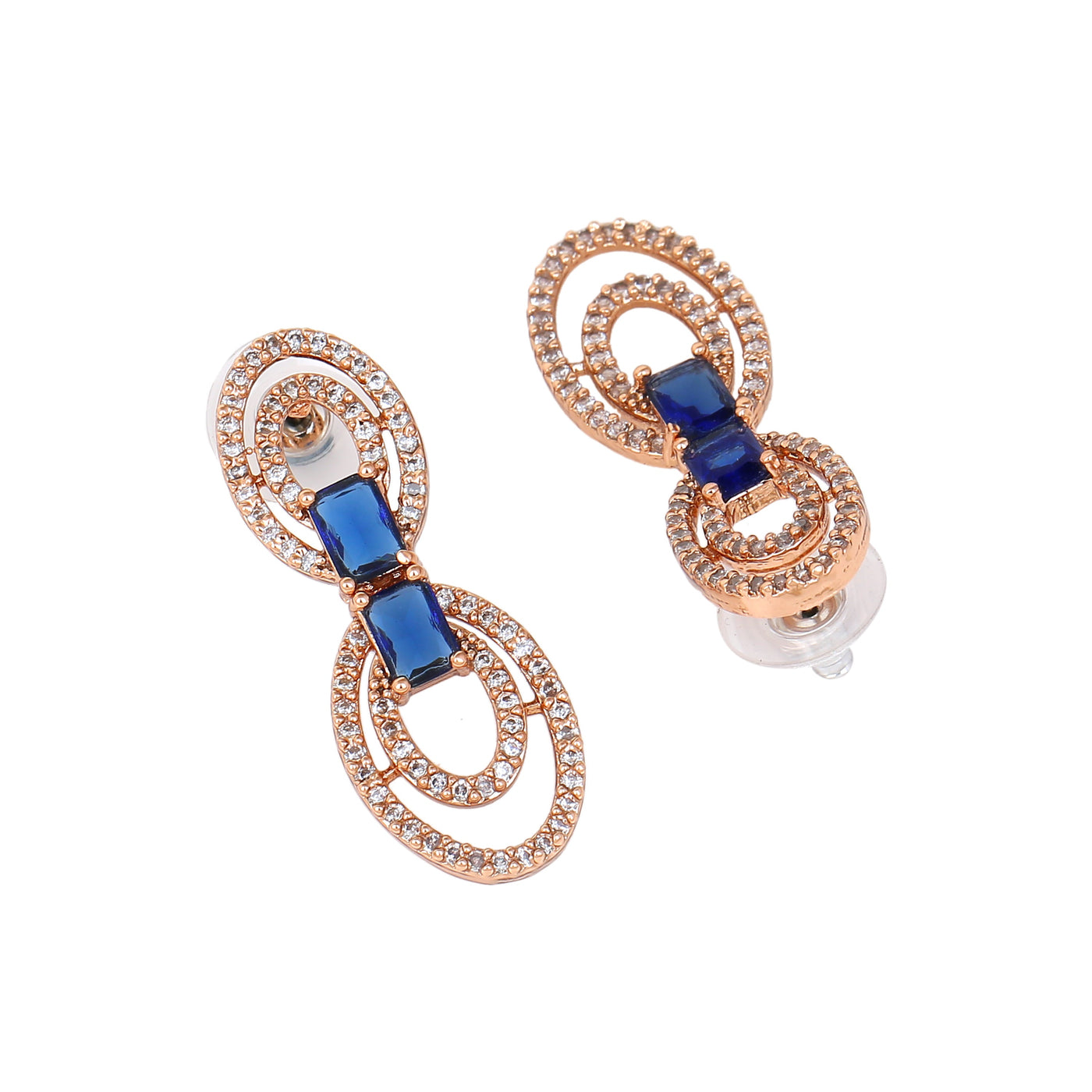Estele Rose Gold Plated CZ Circular Designer Drop Earrings with Blue Stones for Women