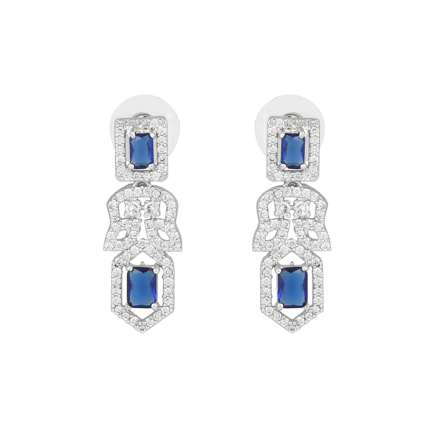 Estele Rhodium Plated CZ Sparkling Designer Earrings with Blue Crystals for Women