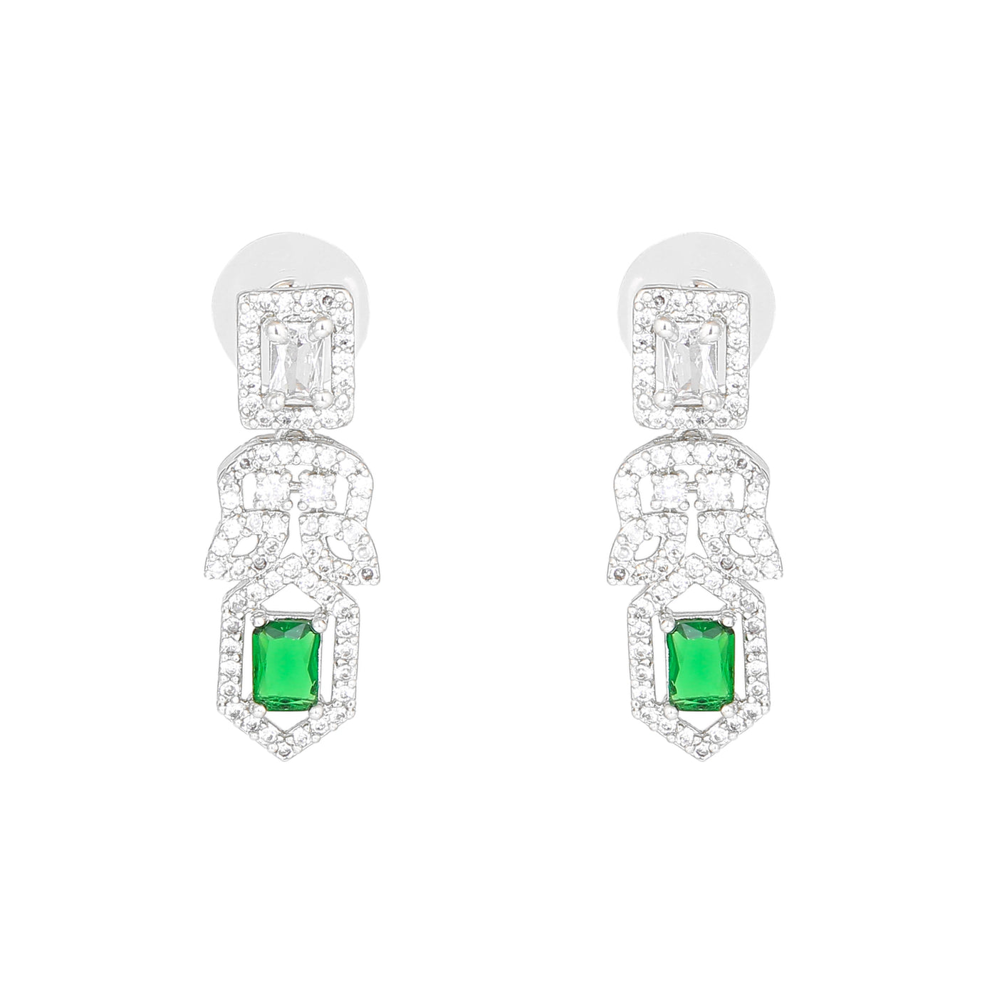 Estele Rhodium Plated CZ Sparkling Designer Earrings with Green Crystals for Women