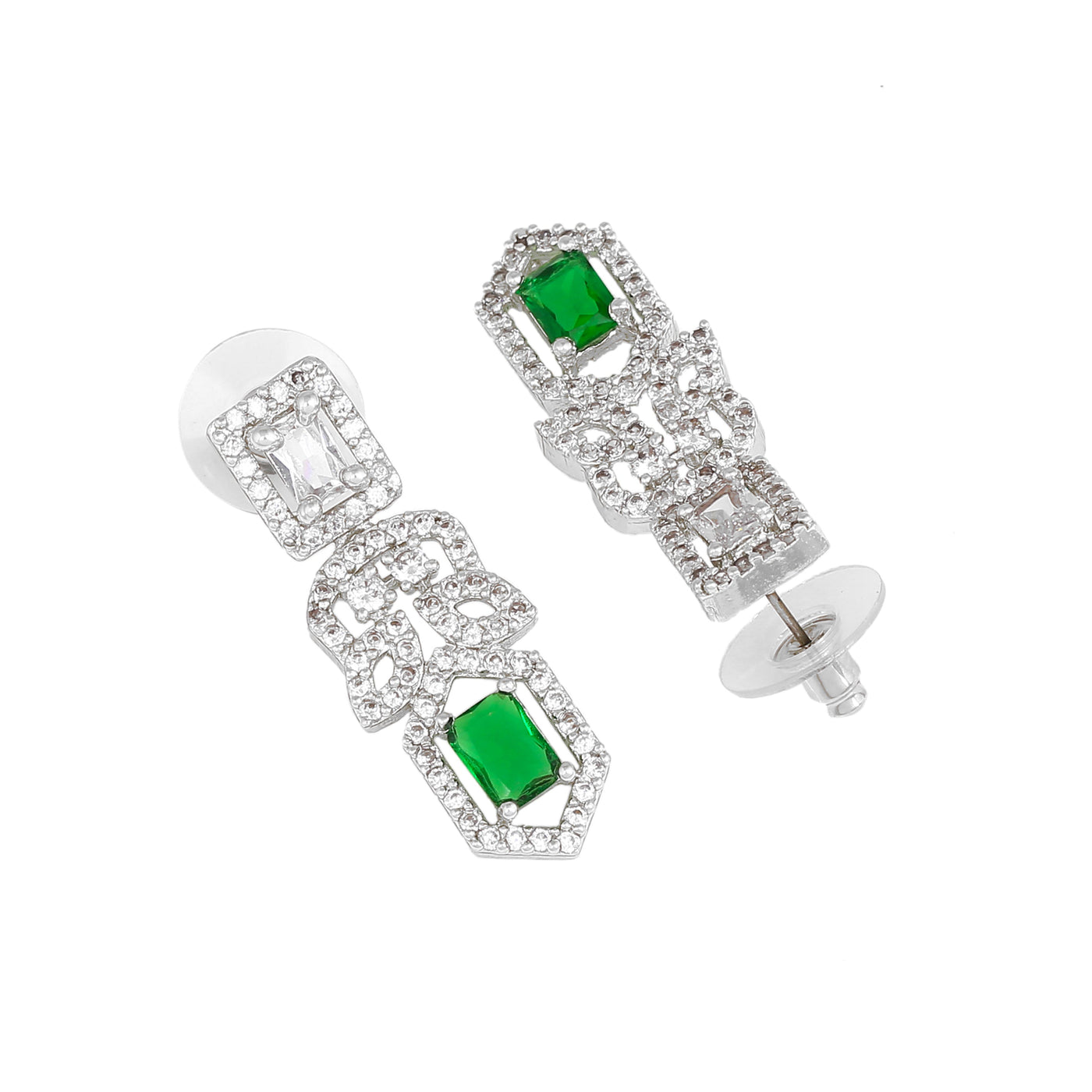 Estele Rhodium Plated CZ Sparkling Designer Earrings with Green Crystals for Women