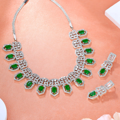 Estele Rhodium Plated CZ Shimmering Necklace Set with Green Crystals for Women