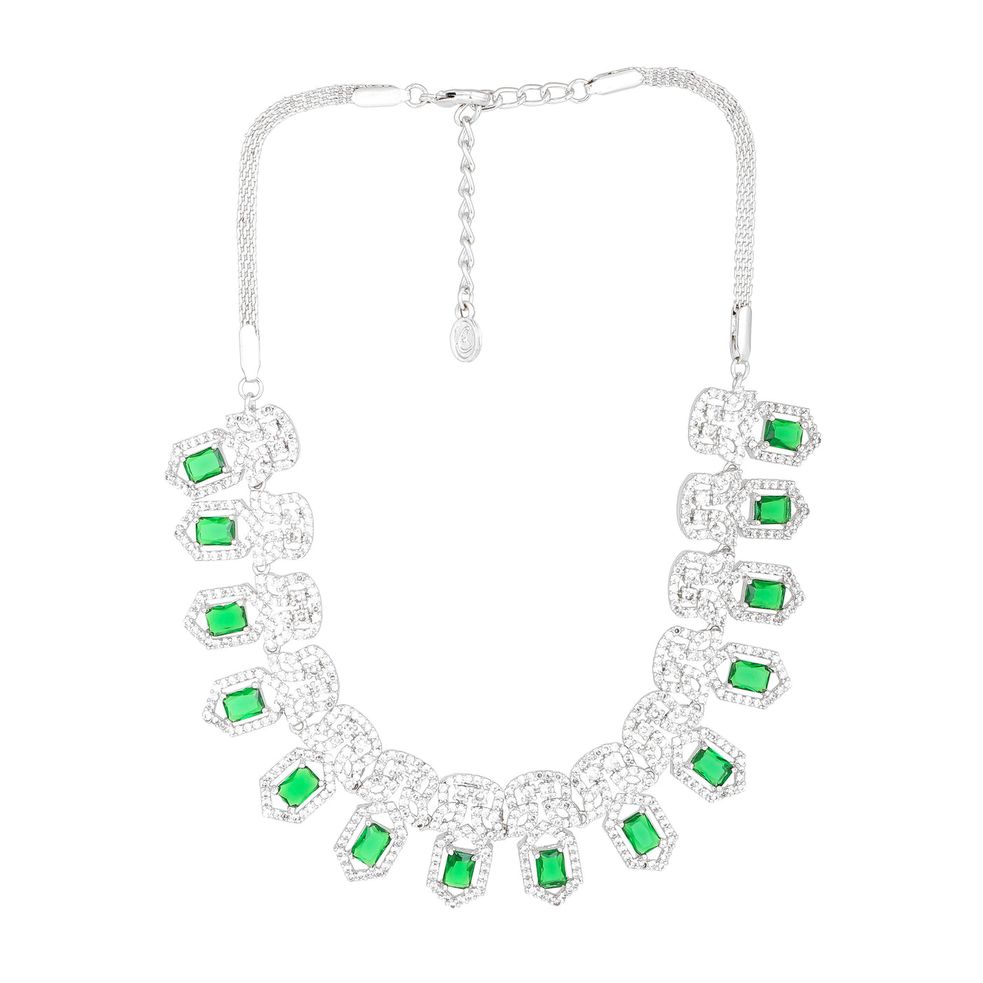 Estele Rhodium Plated CZ Shimmering Necklace Set with Green Crystals for Women