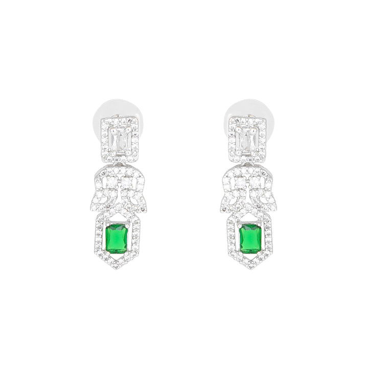 Estele Rhodium Plated CZ Shimmering Necklace Set with Green Crystals for Women