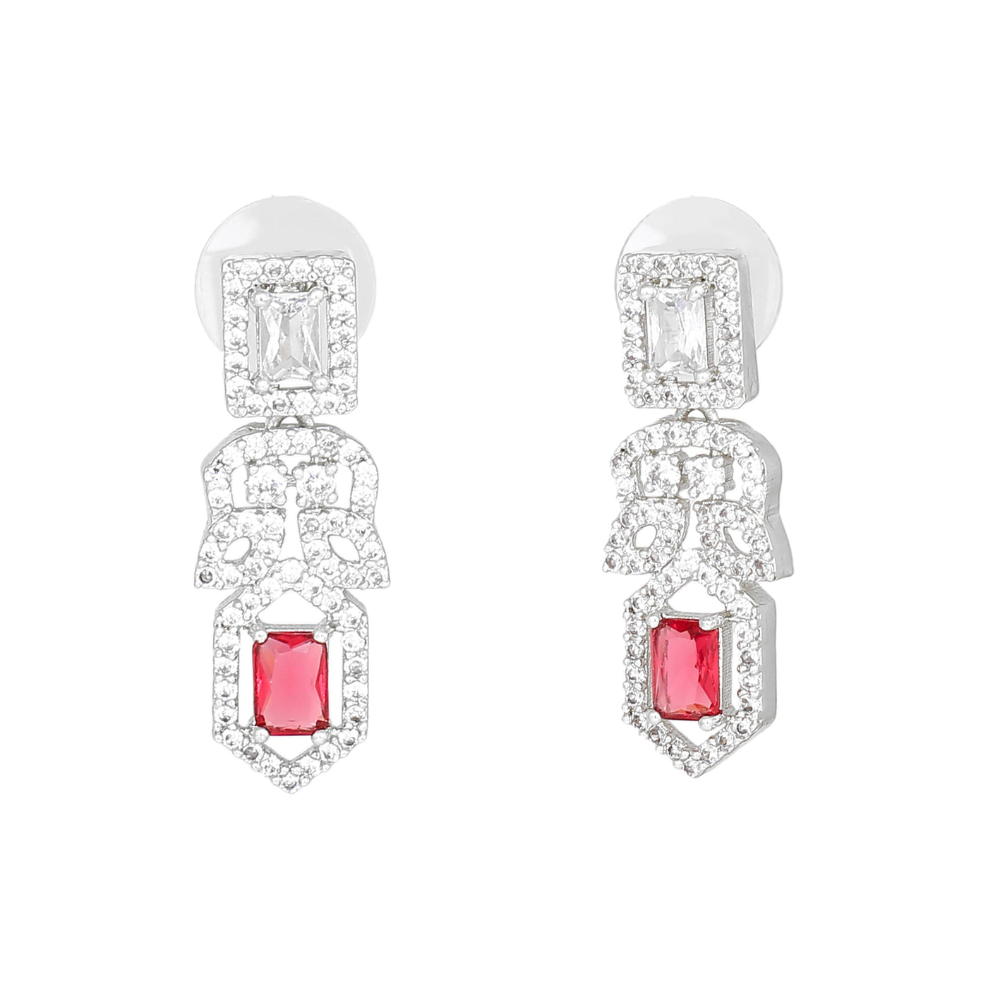 Estele Rhodium Plated CZ Sparkling Designer Earrings with Tourmaline Pink Crystals for Women