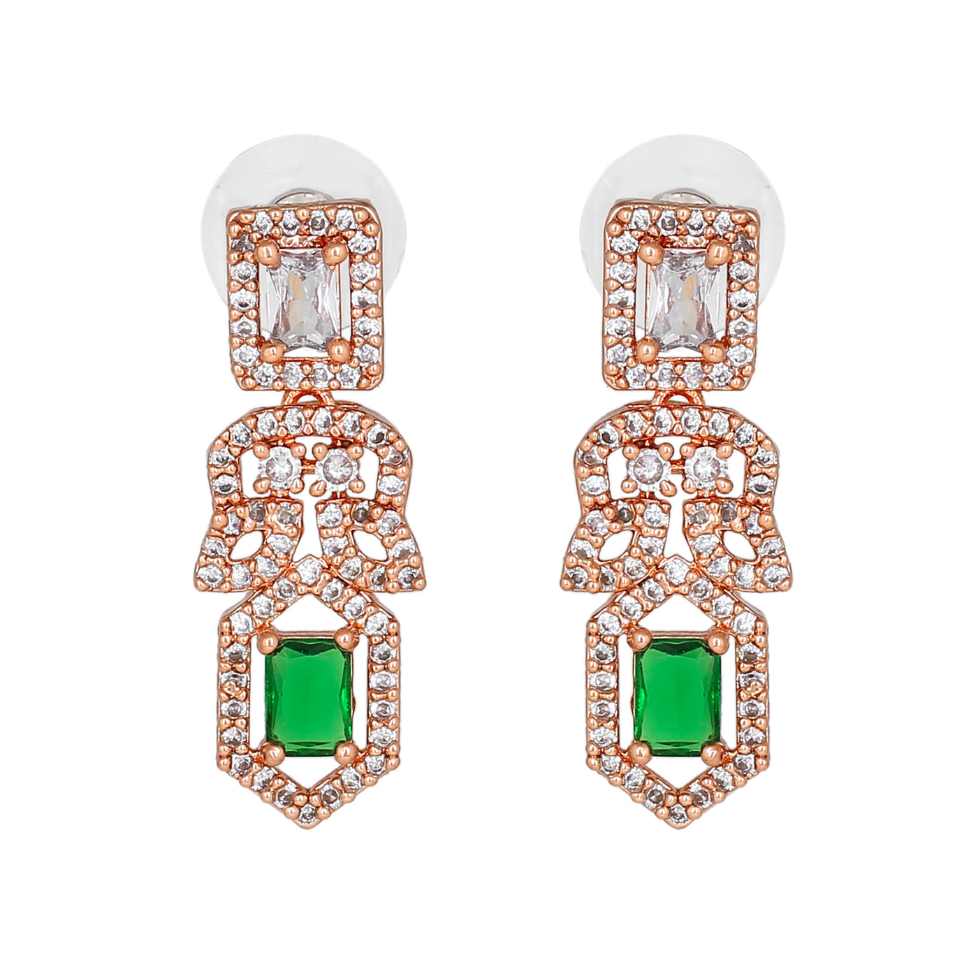 Estele Rose Gold Plated CZ Gleaming Drop Earrings with Emerald Stones for Women