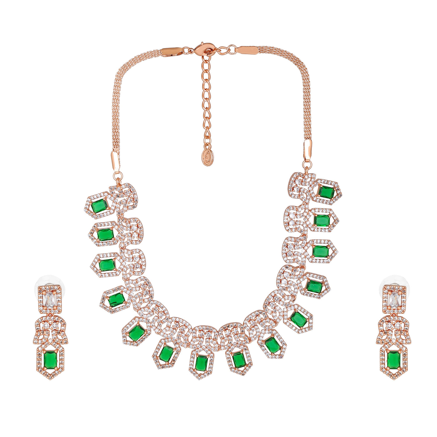 Estele Rose Gold Plated CZ Scintillating Necklace Set with Green Crystals for Women