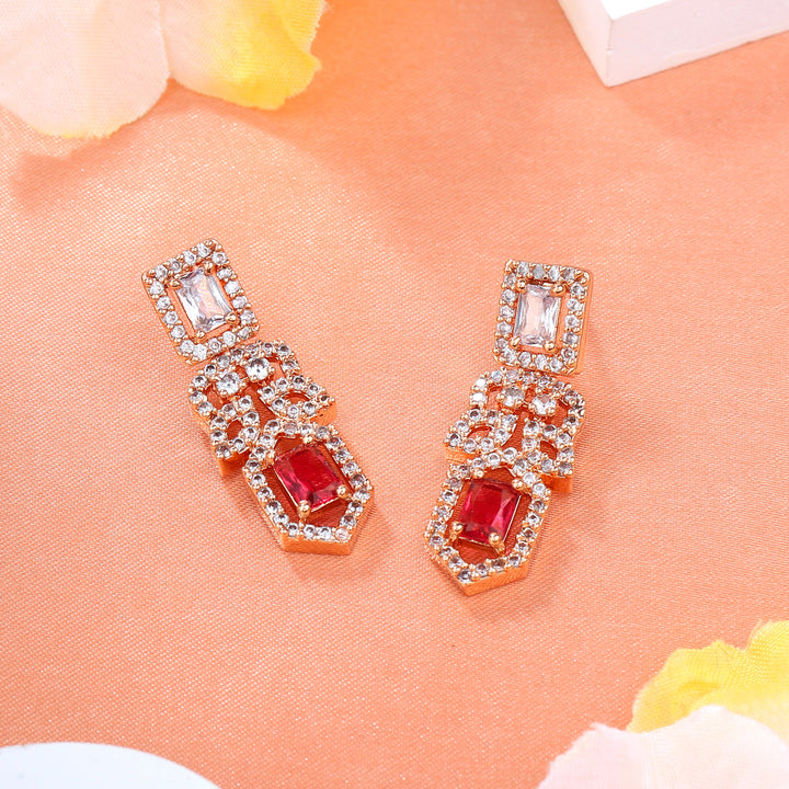 Estele Rose Gold Plated CZ Gleaming Drop Earrings with Tourmaline Pink Stones for Women