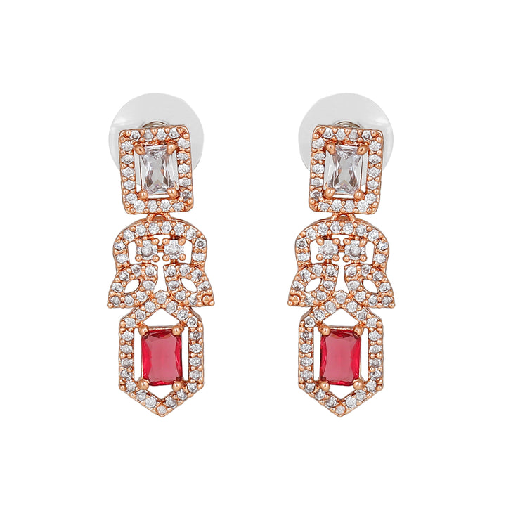 Estele Rose Gold Plated CZ Gleaming Drop Earrings with Tourmaline Pink Stones for Women