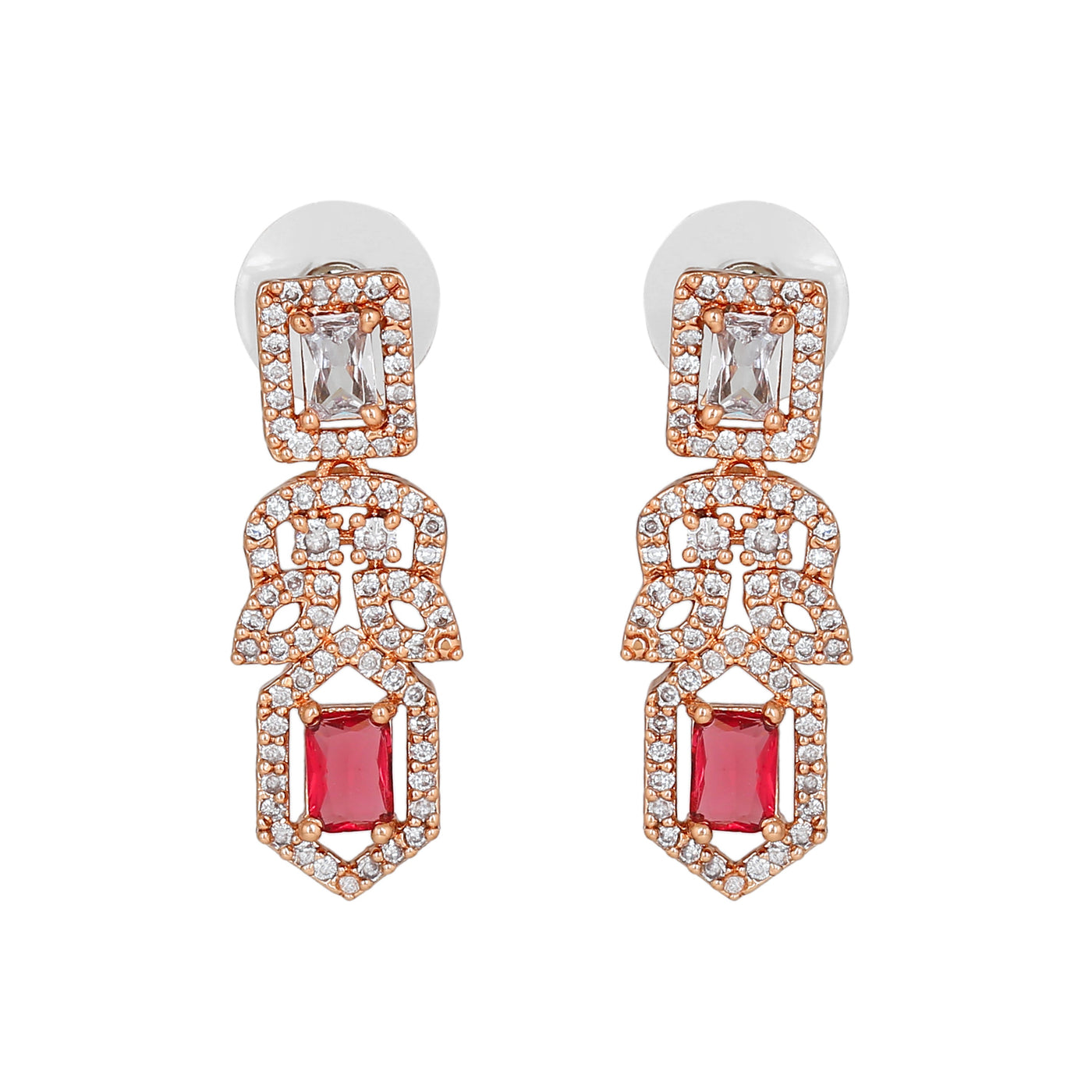Estele Rose Gold Plated CZ Gleaming Drop Earrings with Tourmaline Pink Stones for Women