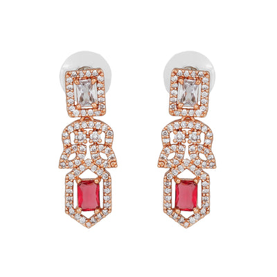 Estele Rose Gold Plated CZ Gleaming Drop Earrings with Tourmaline Pink Stones for Women