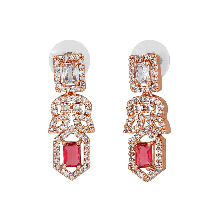 Estele Rose Gold Plated CZ Gleaming Drop Earrings with Tourmaline Pink Stones for Women